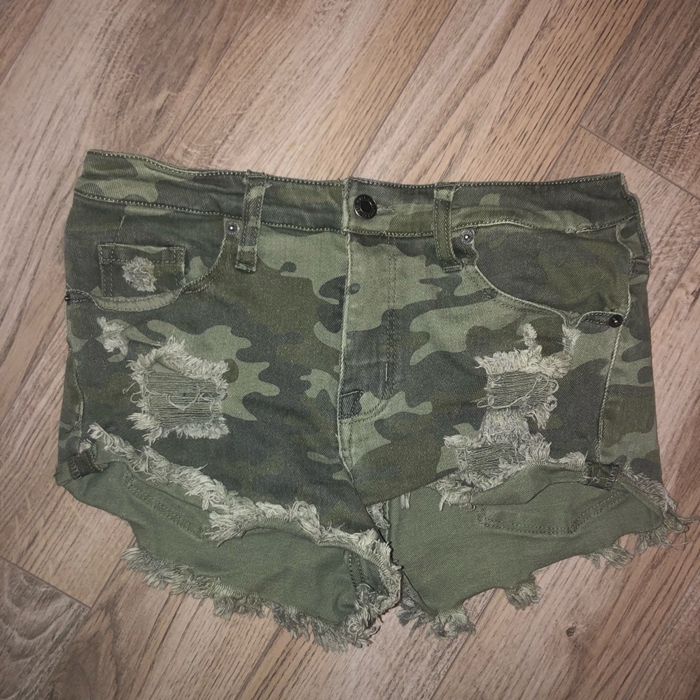 destroyed camo high rise denim shorts